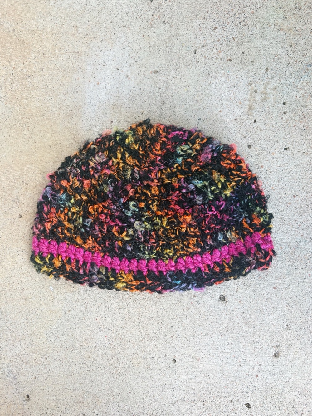Handmade Crochet Fuzzy Winter Hat in Black, Pink, and Neon Rainbow Colors